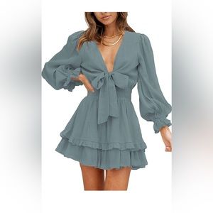 Womens Spring Summer Knot Front V Neck Ruffles Long Sleeve Swing Mini Dress